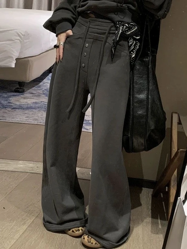 Retro Lazy Style Button Splice Drawstring Straight Leg Pants Women's Loose Casual Sweatpants High Waist Bell Bottoms