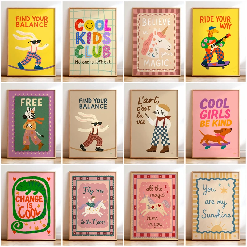 Affiche décorative motivante pour enfants, impression bohème pour chambre d'enfant, peinture sur toile, illustration d'animaux mignons, image murale pour la décoration de la maison