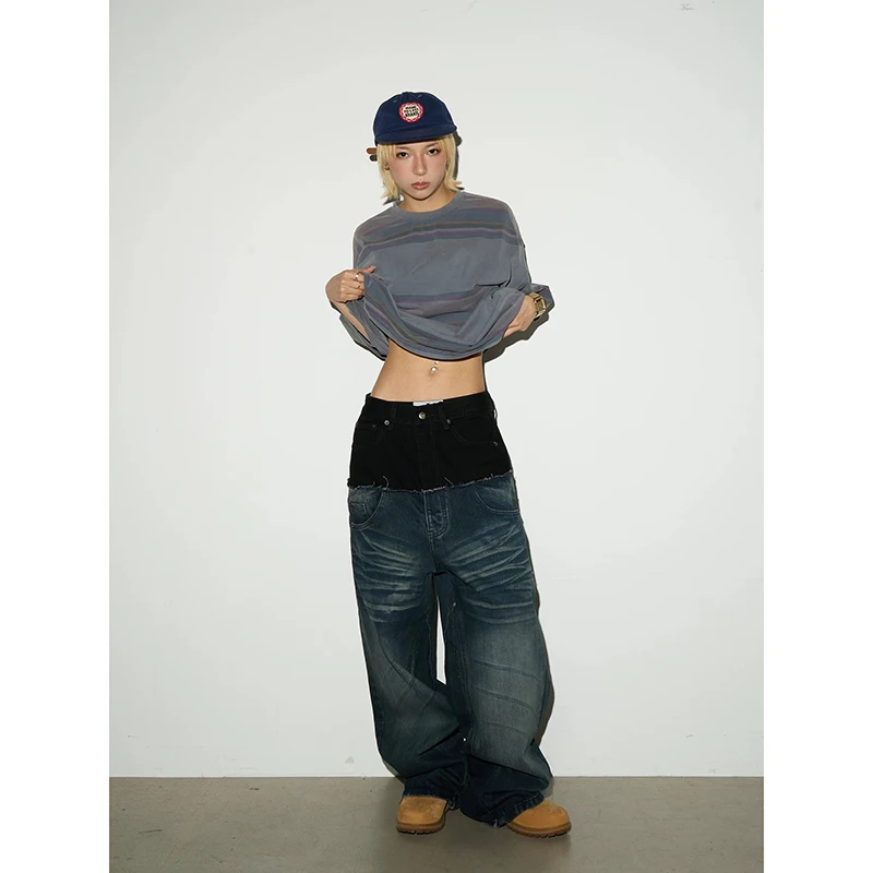 ZHIZOU Women's Blue Gothic Y2k Jeans Aesthetic 2000s Style Splice Baggy Jean Pants Vintage Harajuku Denim Trousers Clothes 2026
