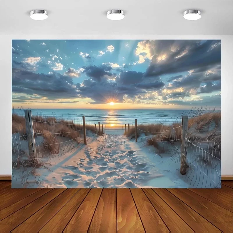 VIKAMA Beach Sunset Path Tapestry Ocean View Blue Sky Cloud Nature Scenery Wall Hanging Decor for Bedroom Living Room