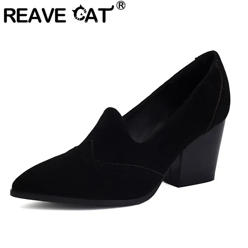 

REAVE CAT 2024, новые модные замшевые женские туфли-лодочки из флока, элегантные офисные женские туфли без шнуровки на массивном каблуке 7,2 см, 42 43