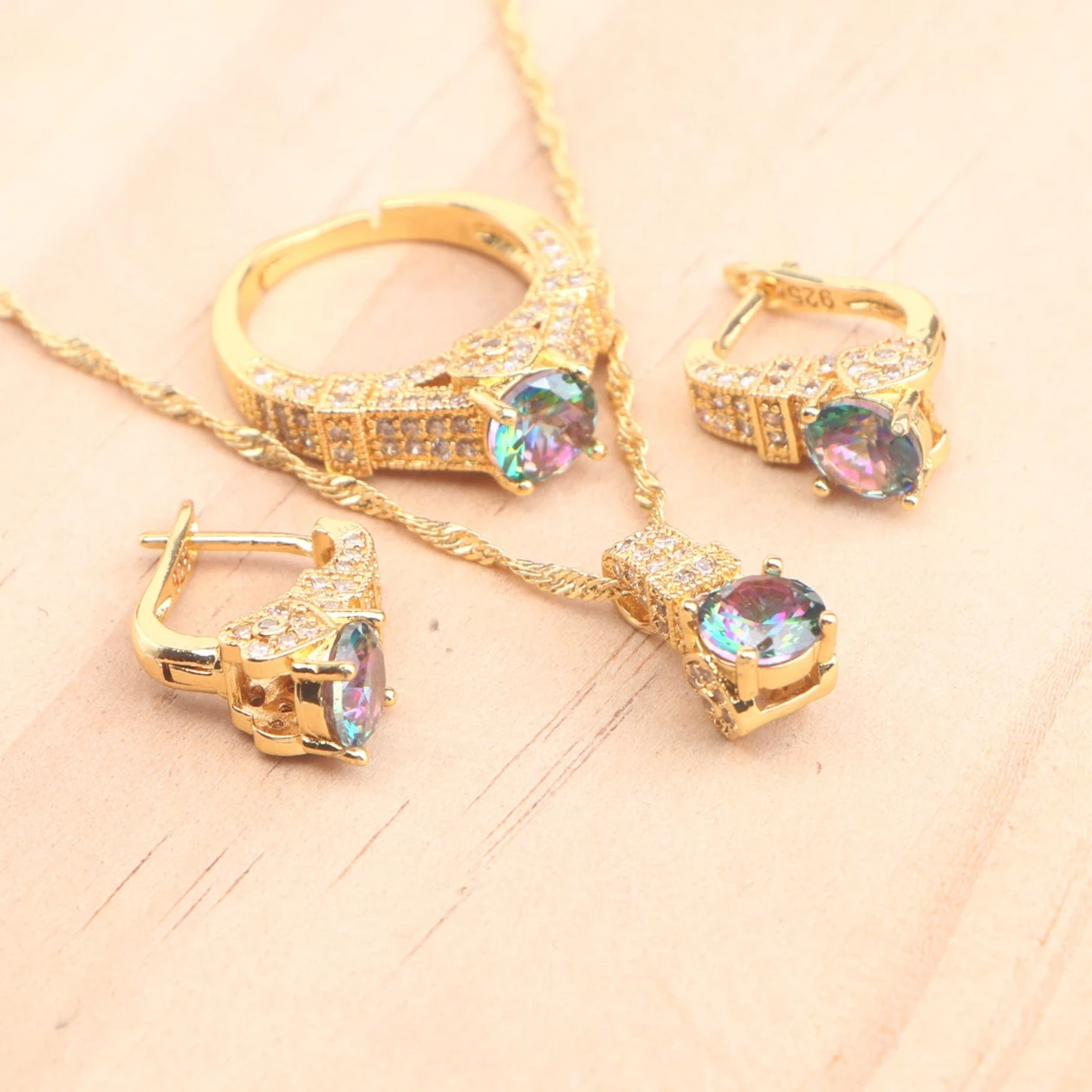

Magic Rainbow Zircon Bridal Jewelry Sets 925 Sterling Silver Wedding Earrings For Women Stones Gold Color Necklace Rings Set