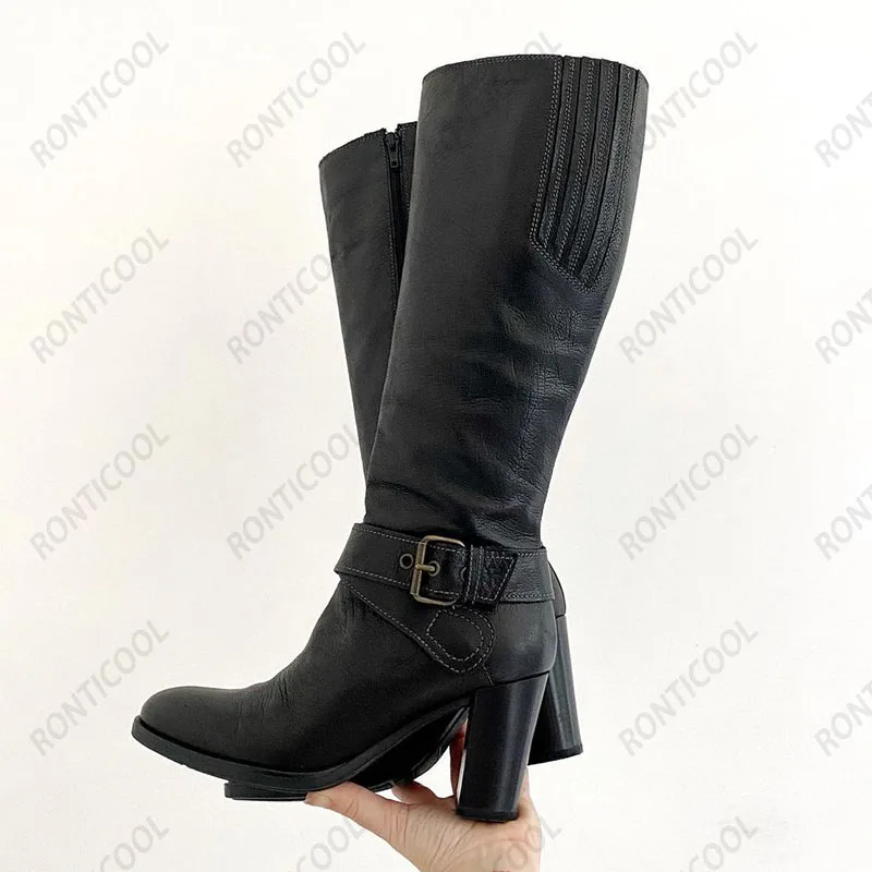 Ronticool Handmade Women Winter Knee Boots Faux Leather Side Zipper Chunky Heels Round Toe Black Casual Shoes Plus US Size 5-20