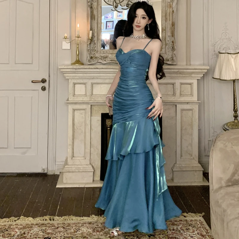 Elegant Ruffles ชุดราตรีผู้หญิงแฟชั่นสปาเก็ตตี้ชุดนางเงือกกับหน้าอก Pad เอวสูงซิป Midi ชุดหญิง 2025