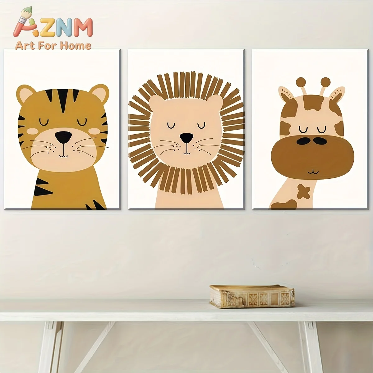 AZNM Safari Animal Canvas Wall Art Tiger Lion Giraffe Simple Cartoon Frameless Canvas Painting Nursery Kids Room Home Decor Post