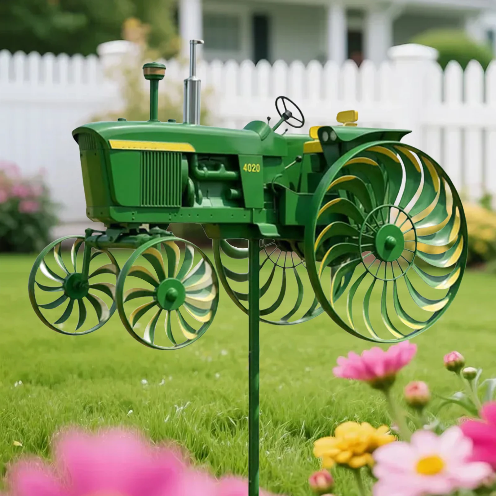 Tractor Wind Sculpture with Rotating Wheels Green Tractor Windmill Stake Decorative Windmill for Garden Yard Patio Lawn Decor view 3