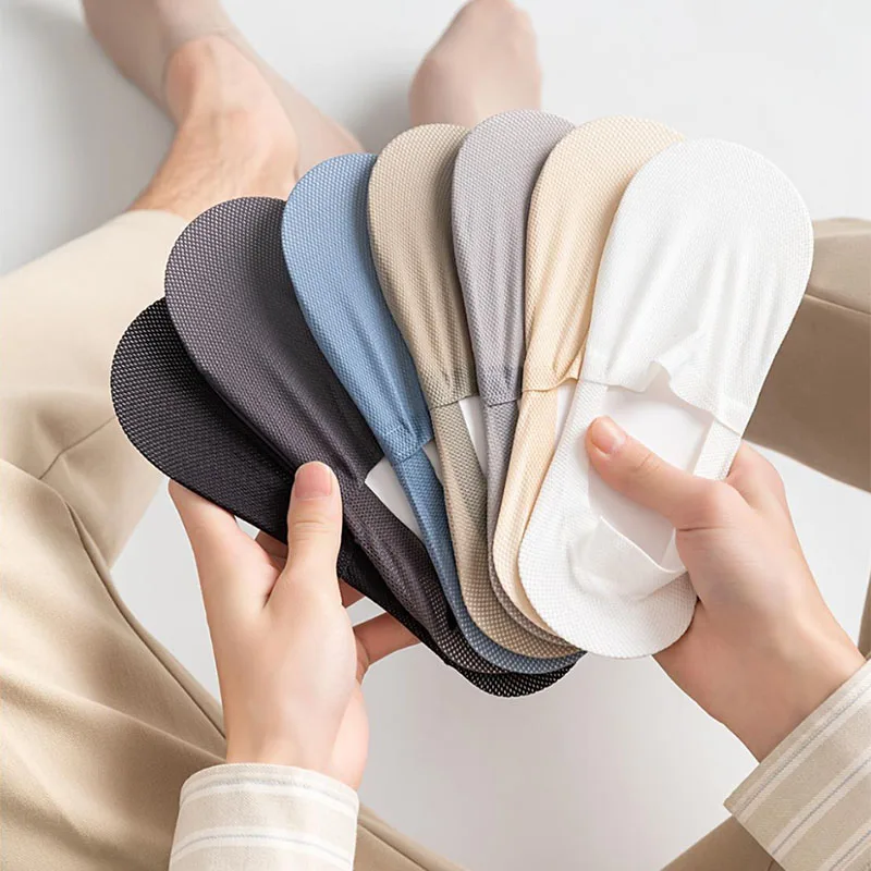 3 Pasang Kaus Kaki Pria Musim Panas Lembut dan Bernapas, Kaus Kaki Kasual Nyaman Tanpa Tampilan, Warna Solid, Silikon Anti Selip, Sandal Kaus Kaki