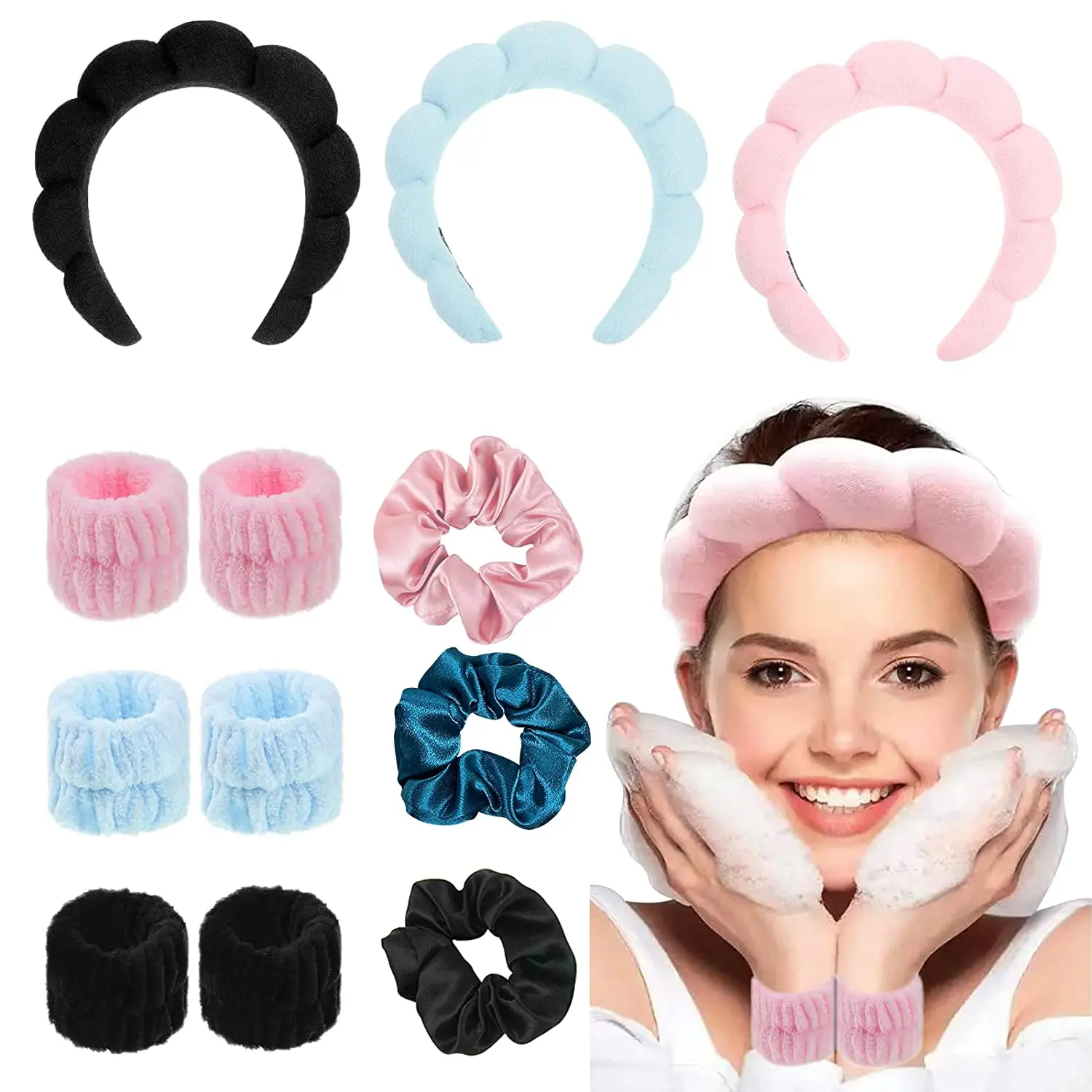 

12 Pack Sponge Spa Headband for Washing Face Bubble Skincare Headbands with Wristbands Hair Scrunchies Set for Skin Care Makeup