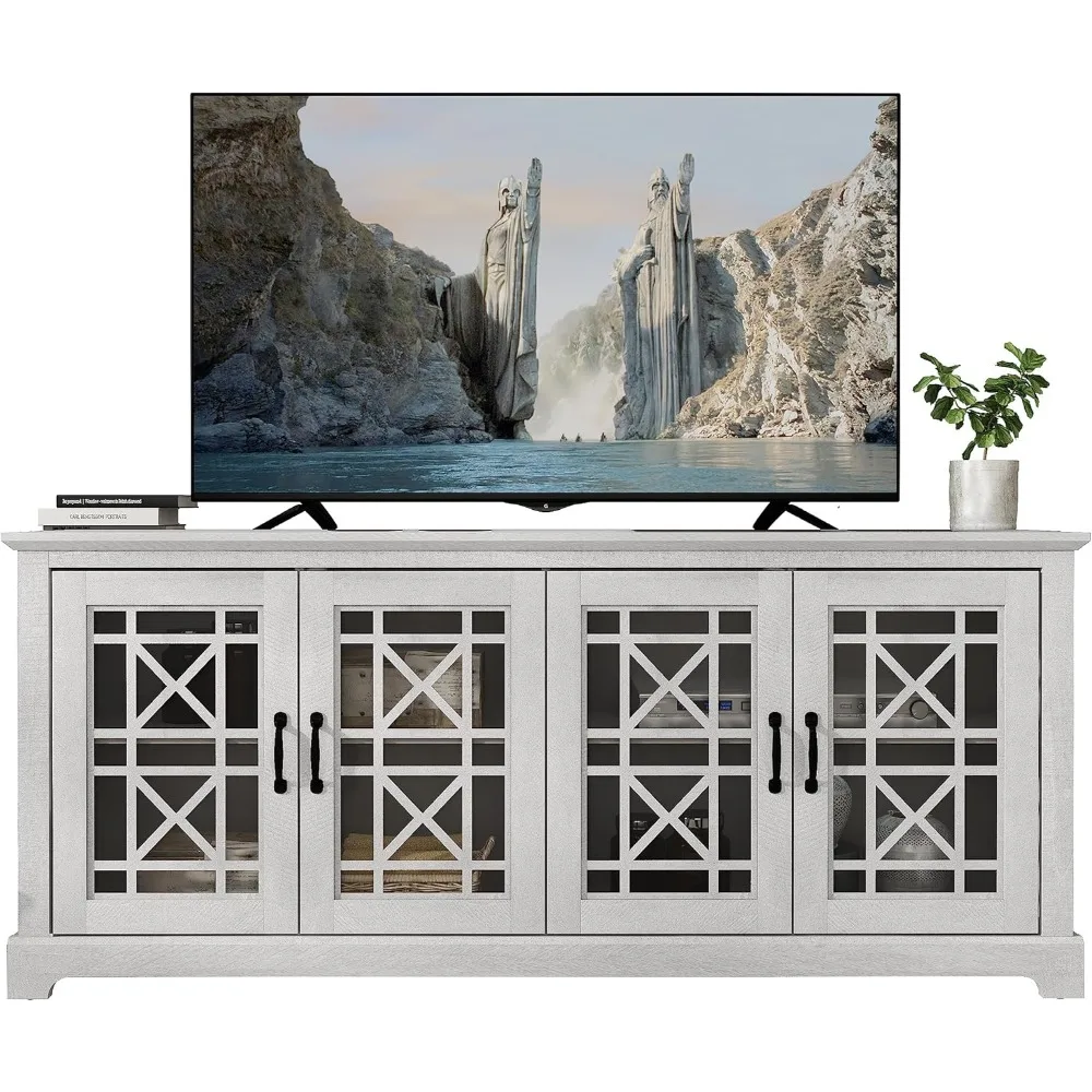 

TV Stand for up 75 Inch TV, Rustic Style,Transparent Doors, Adjustable Shelves,Wood Media Console Cabinet,TV Stands