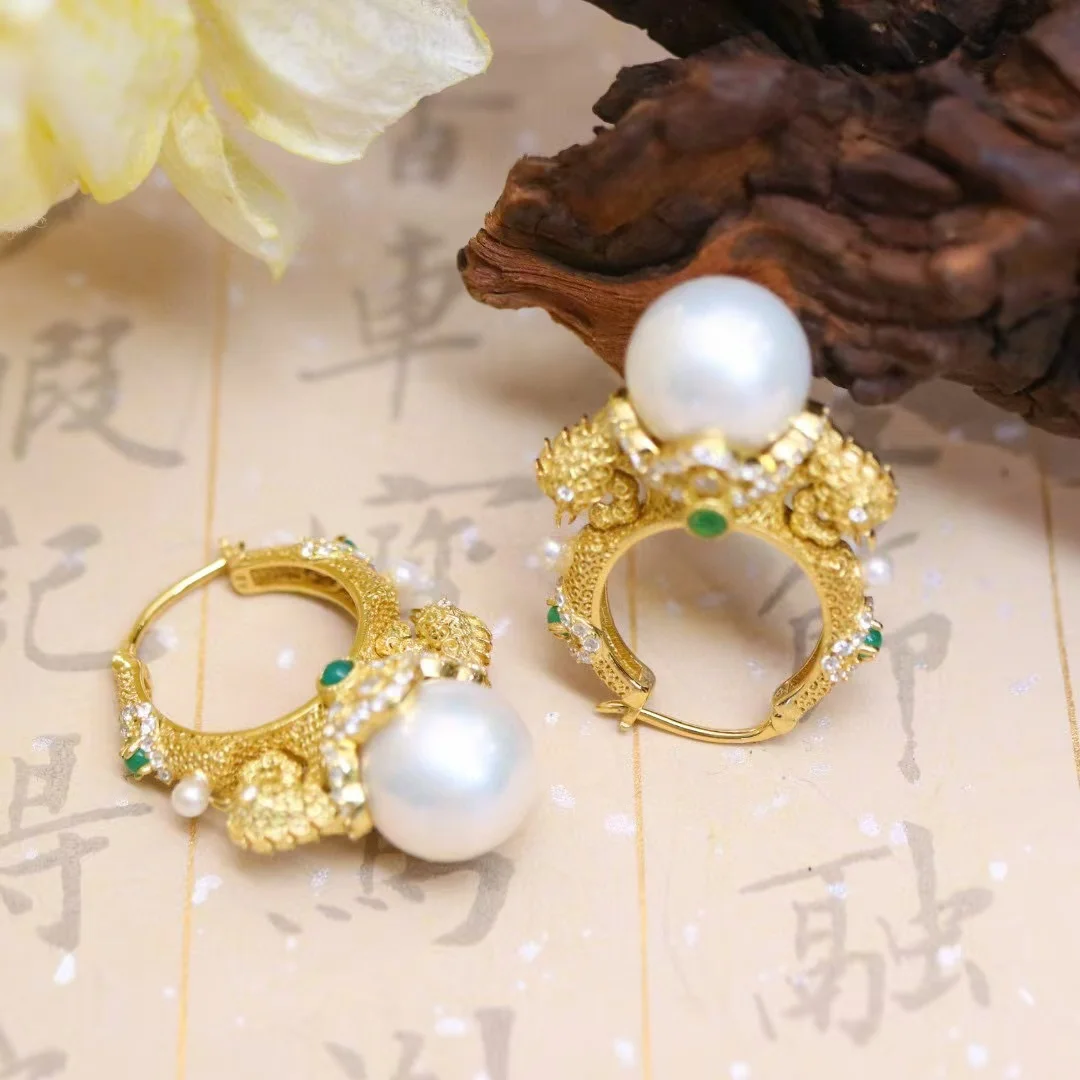 

Certificated 925 Silver Natural Freshwater Pearl Ring 10.5mm White Round Filament Dragon Finger Band Neo-Chinese Style Jewelry