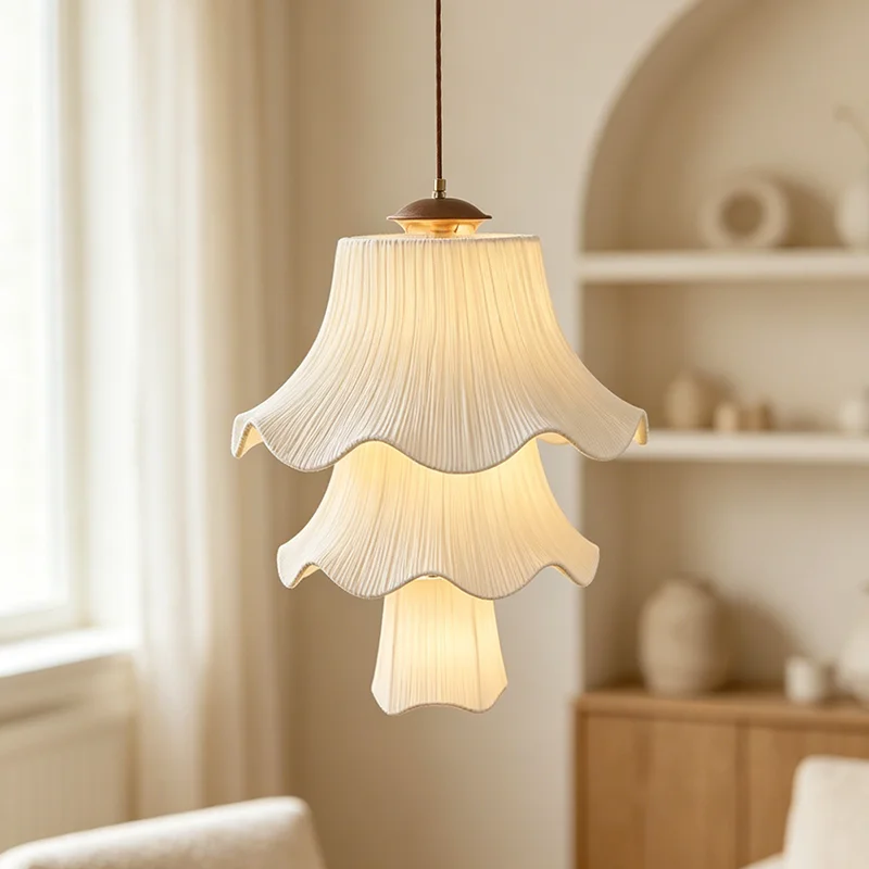 Japanese Retro Wabi Sabi Cream Style Flowers Fabric Pendant Light Decor Home Lamp Dining Room Bedroom Droplight Cloth Chandelier