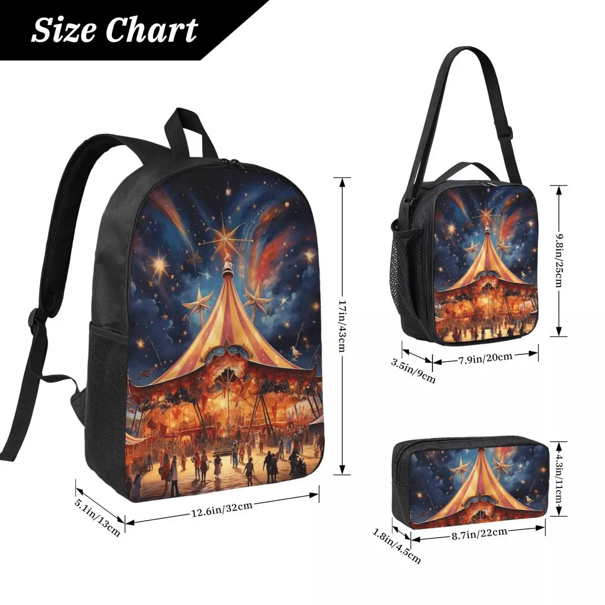 Circus Carnival Theme Party Backpack Student BookBag School Bag Laptop Shoulder Bags 3ps Insulated Lunch Bag Pencil Case