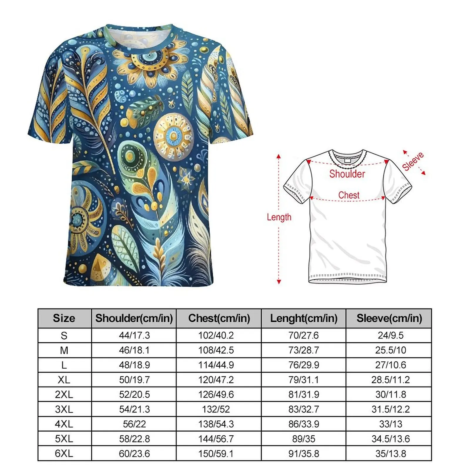 Premium T Shirt Folk Art T Shirts Blue and Gold Feather Awesome Popular Tee Shirt For Male Short Sleeve Printed Big Size Clothes