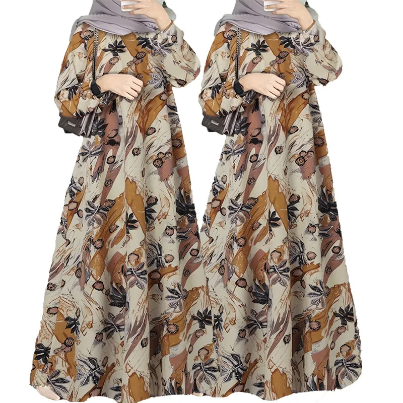 

New Muslim Women Long Robe Dress Long Sleeve O-neck Printed Loose Dress Middle Eastern Saudi Arabia Malay Lady Traditional Dress