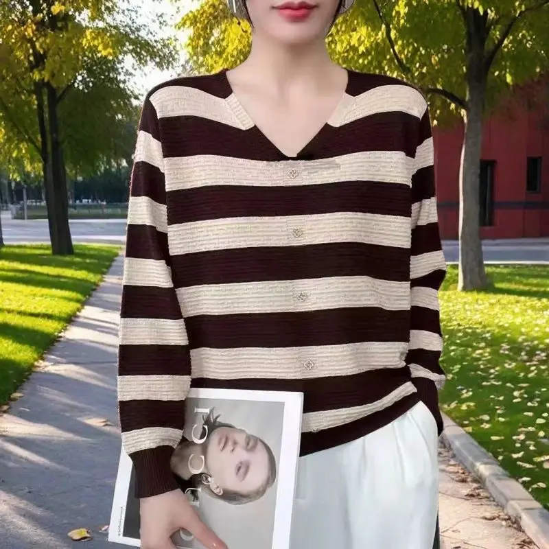 

Spring Autumn New V-neck Color-blocking Striped Long-sleeved Sweater Fashionable Loose Versatile Temperament Top Women