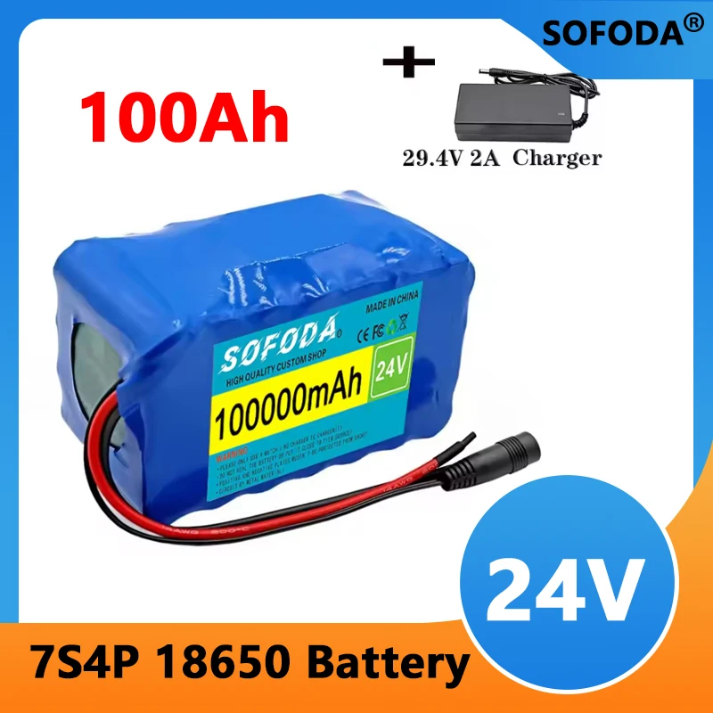 24V NEW 7S4P 18650 Battery 100Ah 100000mAh for Electric Wheelchairs Rechargeable Lithium-ion Battery Pack + 29.4V Charger