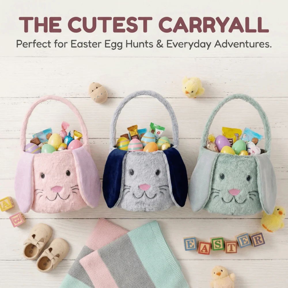Decorative Basket Bunny Easter Basket Soft Fluffy Large Capacity Basket Long Ear Portable Easter Bucket Easter Egg Hunt