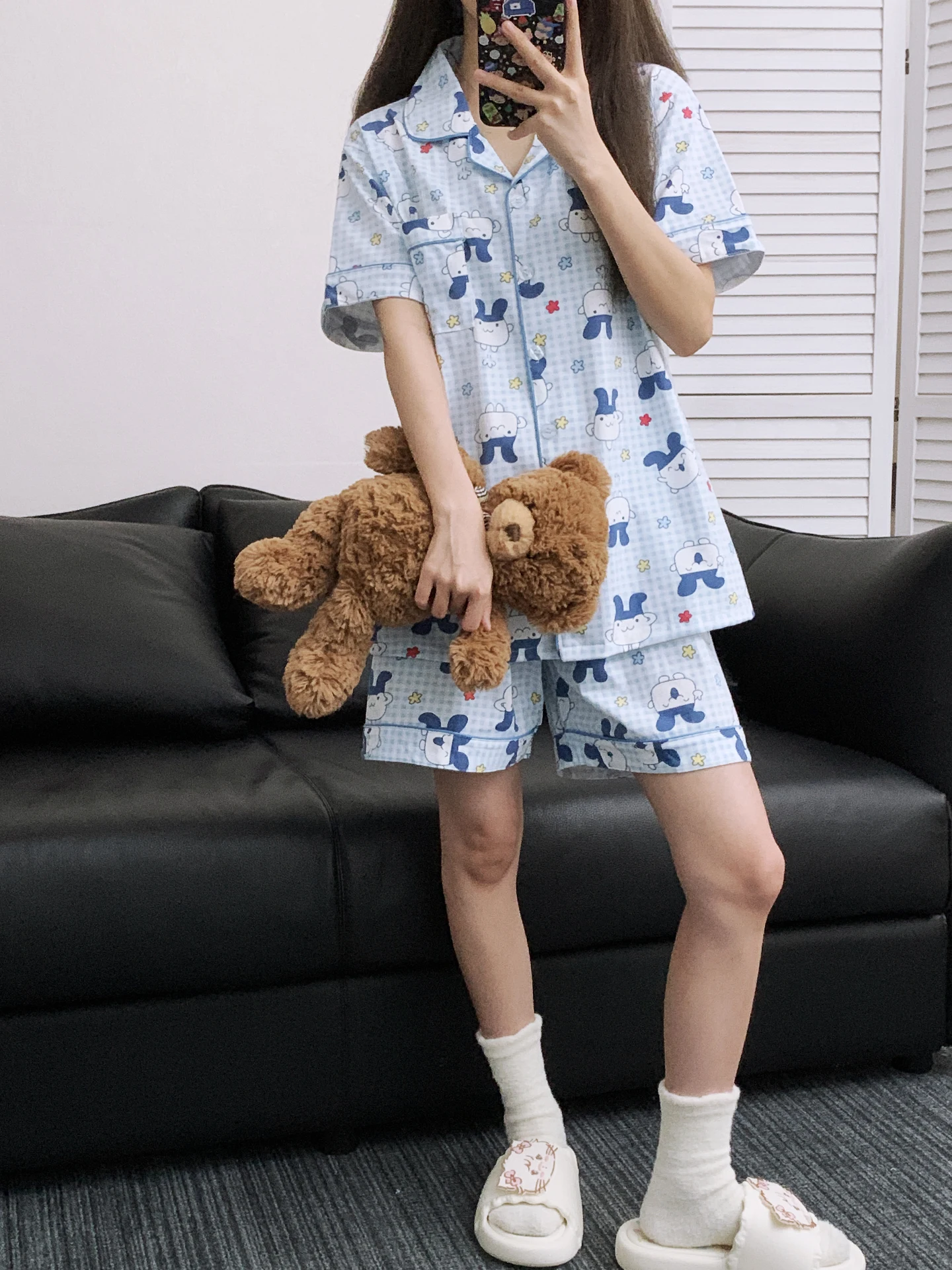 

Женская пижама Mimi Ji из чистого хлопка, летняя, с коротким рукавом и шортами, милый мультяшный принт Tamako, домашний комплект одежды, молодежный размер, короткие штаны