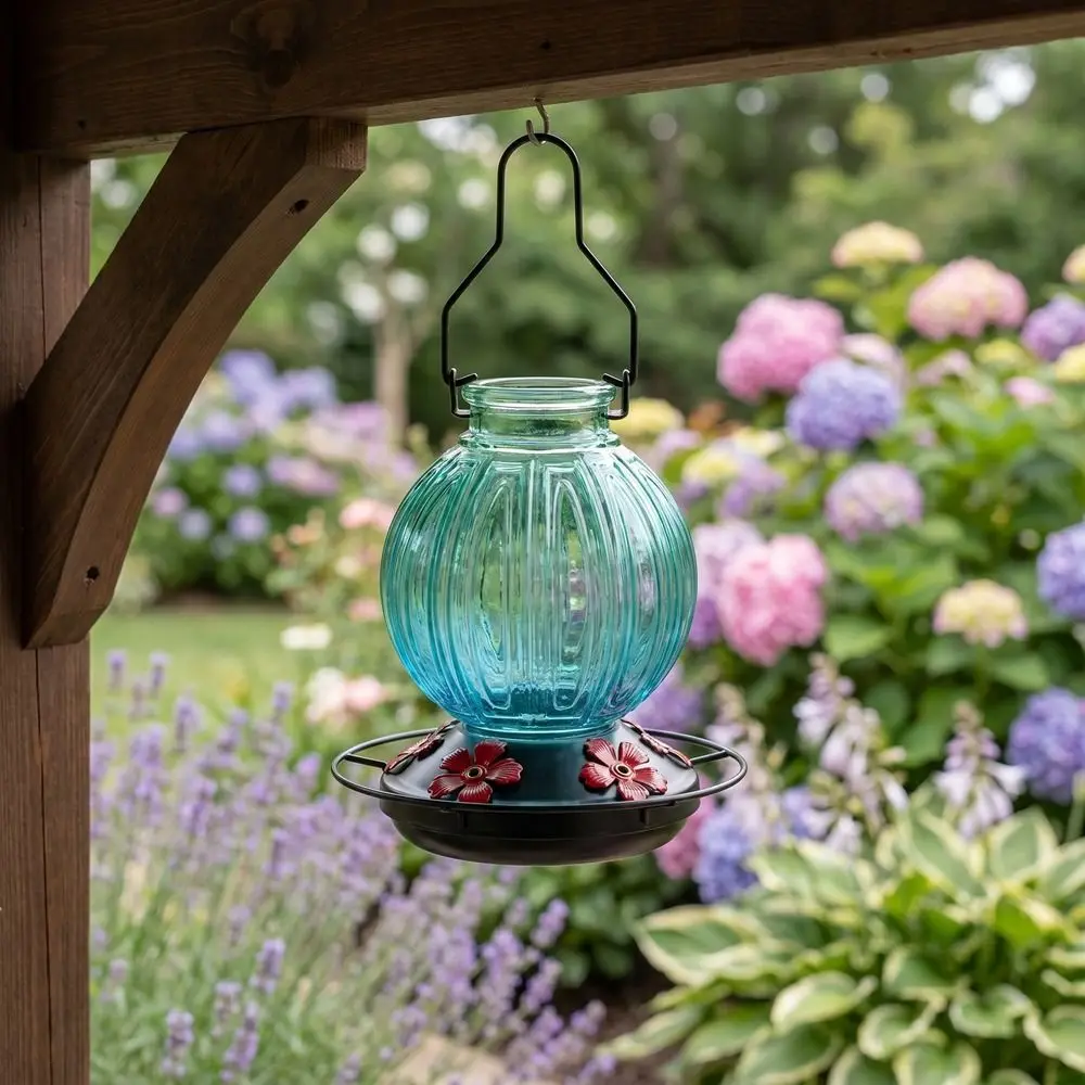 Comedero Colgante de Vidrio para Colibríes, Resistente a la Intemperie, con 5 Orificios para Flores, Comedero Automático para Pájaros, Bebedero para Pájaros a Prueba de Fugas