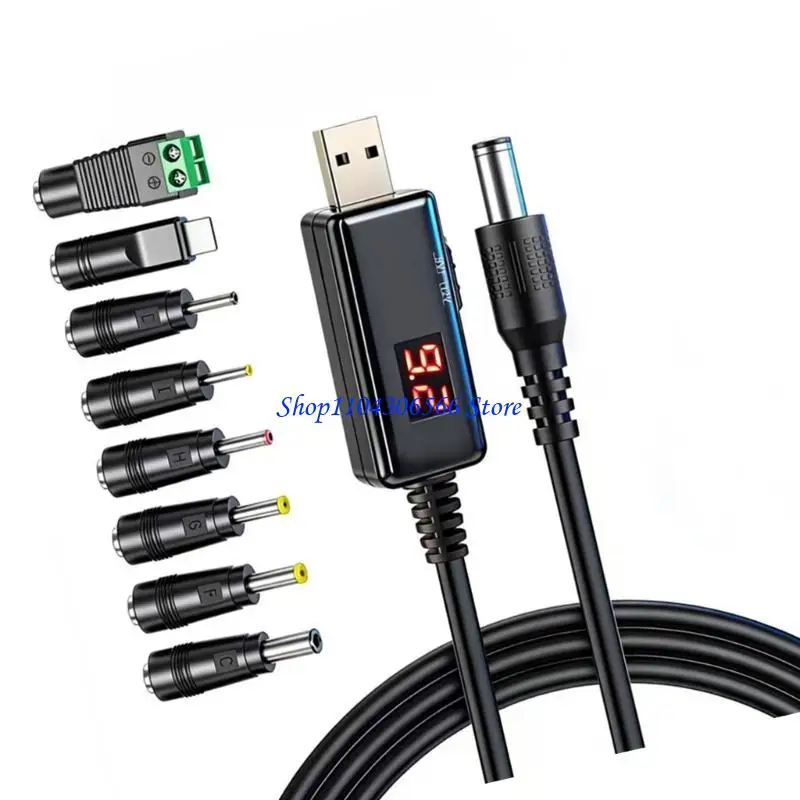 02DD Multiple Device USB to DC5.5mm 5V/9V/12V Converters Cable With 8 Adapters For Routers LED Strips Camera Charging Need