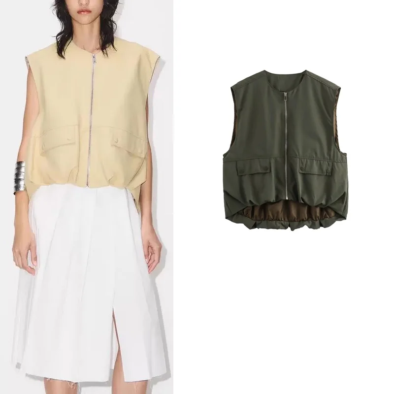 

Повседневный свободный женский жилет с верхом и плиссированным подолом, декор из полиэфирного волокна, круглая застежка-молния, поездка на работу