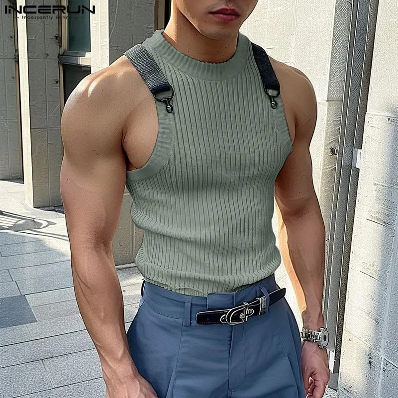 INCERUN Tops 2024 Korean Style Fashion New Men's Knitted Groove Strap Vests Casual Streetwear Summer Male O-neck Tank Tops S-5XL