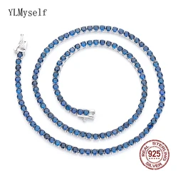 16/18 Inch (41/45cm) Real Fine Jewelry Choker 3mm Montana Blue Sapphire Cubic Zircon 925 Sterling Silver Tennis Chain Necklace