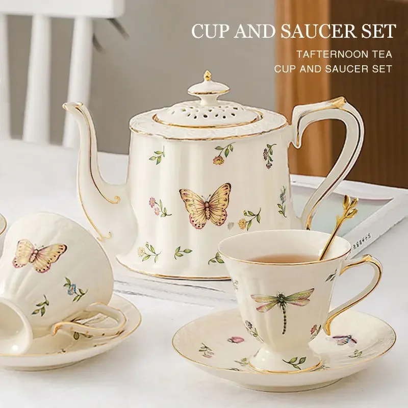 European Butterfly Insect Pattern Coffee Cup Saucer Set Vintage English Afternoon Tea Exquisite Black Tea Cup Pot Spoon