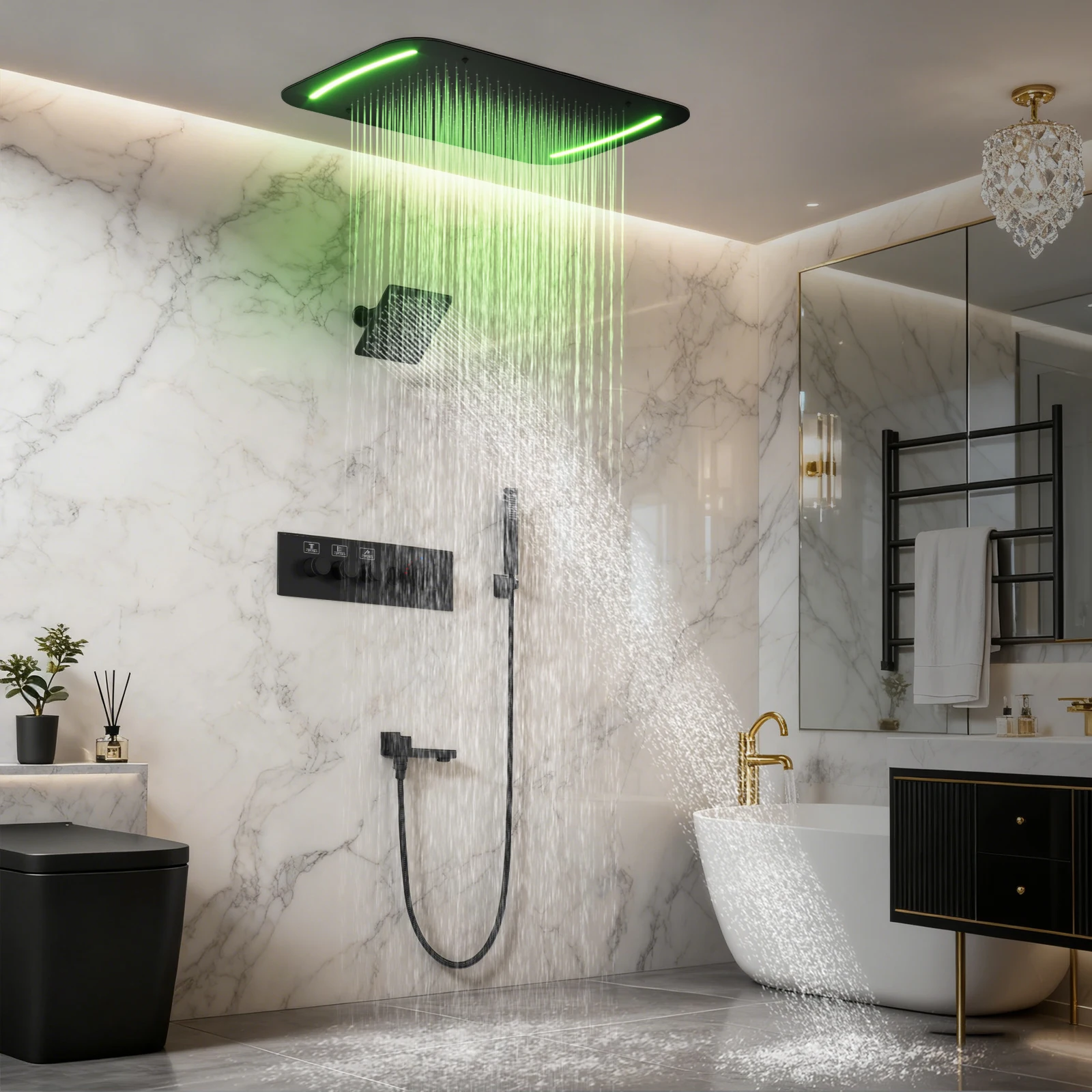 Ceiling Embedded 16x26inch Rainfall LED Light Shower Head Bathroom Brass Thermostatic Digital Display Shower Faucet Set