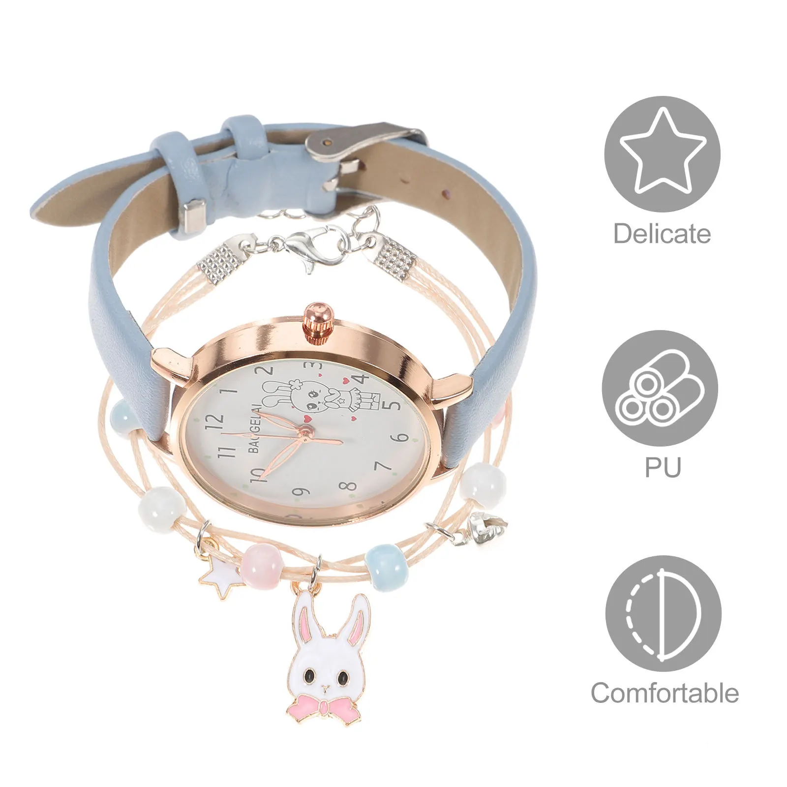 1Set Cute Rabbit Watch Bracelet Set for Girls Fashionable Kids Timepiece Simple Accurate Student Watch Comfortable Wear Daily