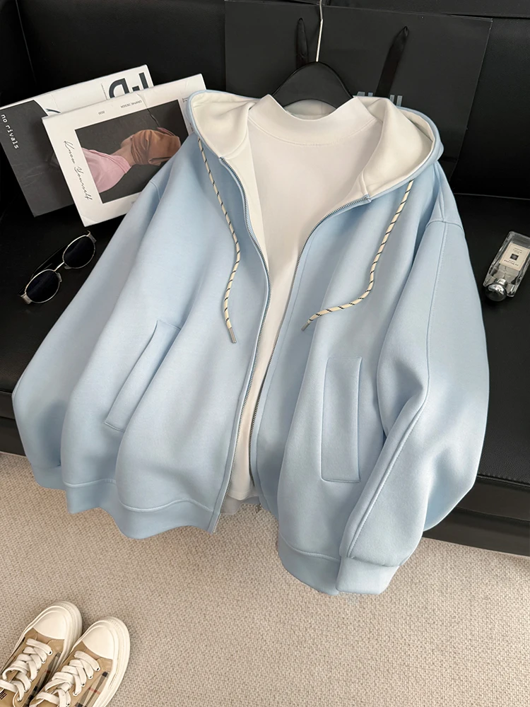 

Синяя повседневная спортивная толстовка-куртка женская свободного кроя, стройнящая, стильная, омолаживающая, зимняя, новинка, уличный стиль, с длинным рукавом