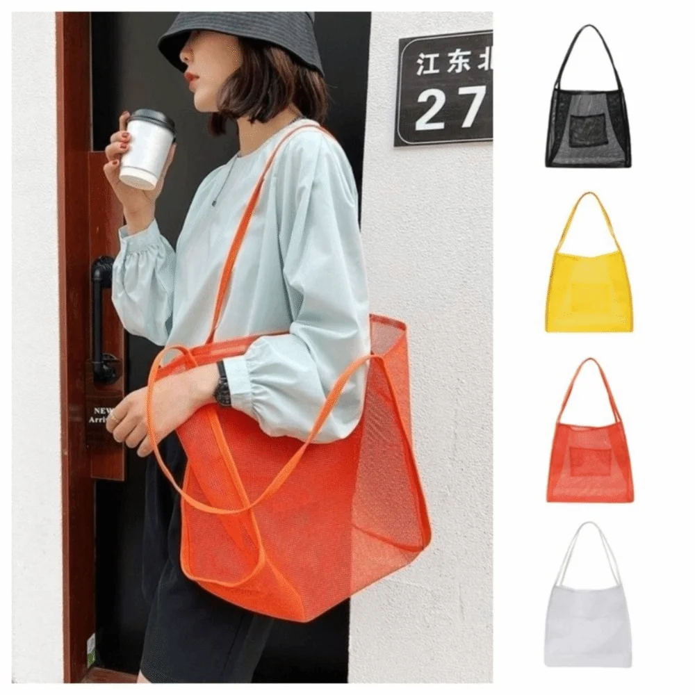 

Fashion Nylon Mesh Shoulder Bag Transparent Pockets Beach Handbag Breathable Large Capacity Hollow Tote Bag Swimming
