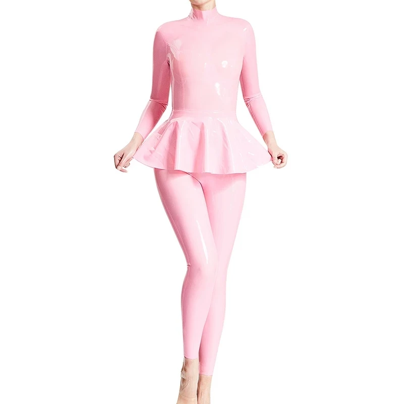 Rosa Latex-Catsuit mit Rock und mittlerem Reißverschluss hinten, Gummi-Bodysuit-Kleidung für Damen