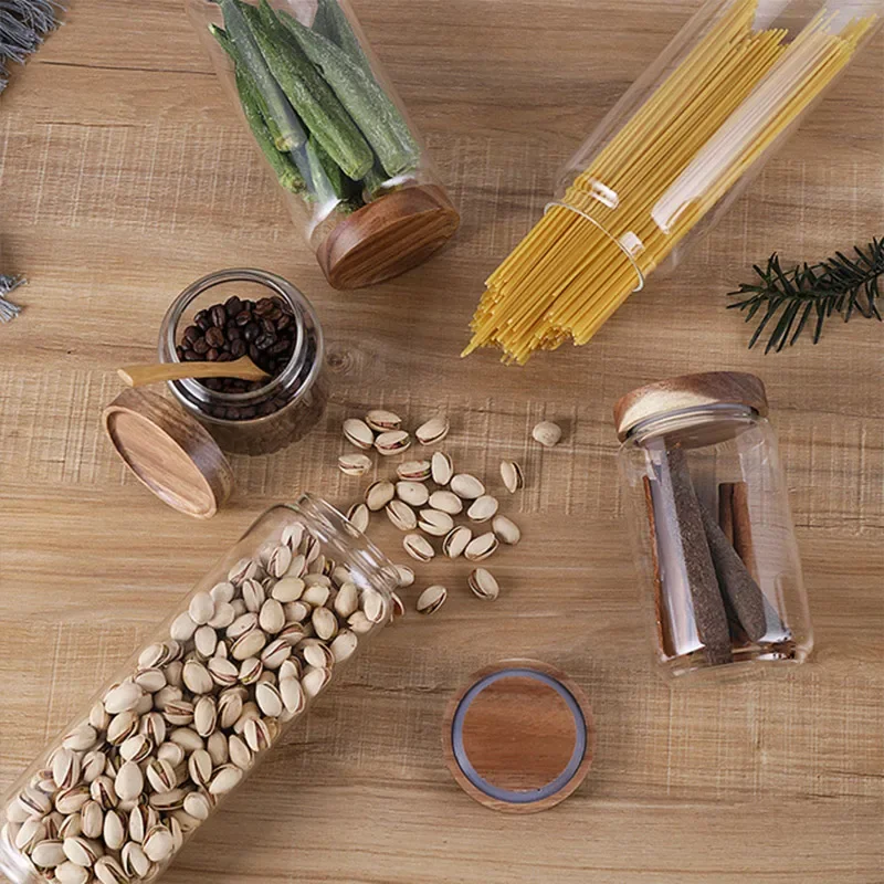 Wood Lid Glass Airtight Canister Kitchen Storage Bottles Jar Sealed Food Container Tea Coffee Beans Grains Candy Jars Containers