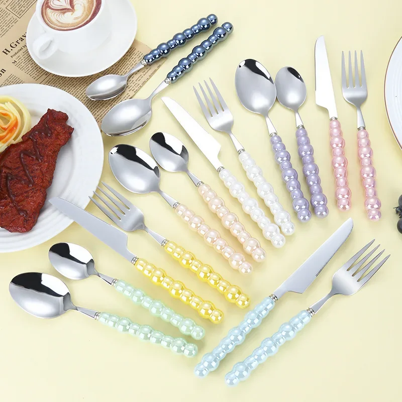 4Pcs Gold Dinnerware Set Stainless Steel Cutlery Knife Tea Fork Coffee Spoon Pearl Ceramic Handle Flatware Utensils for Kitchen