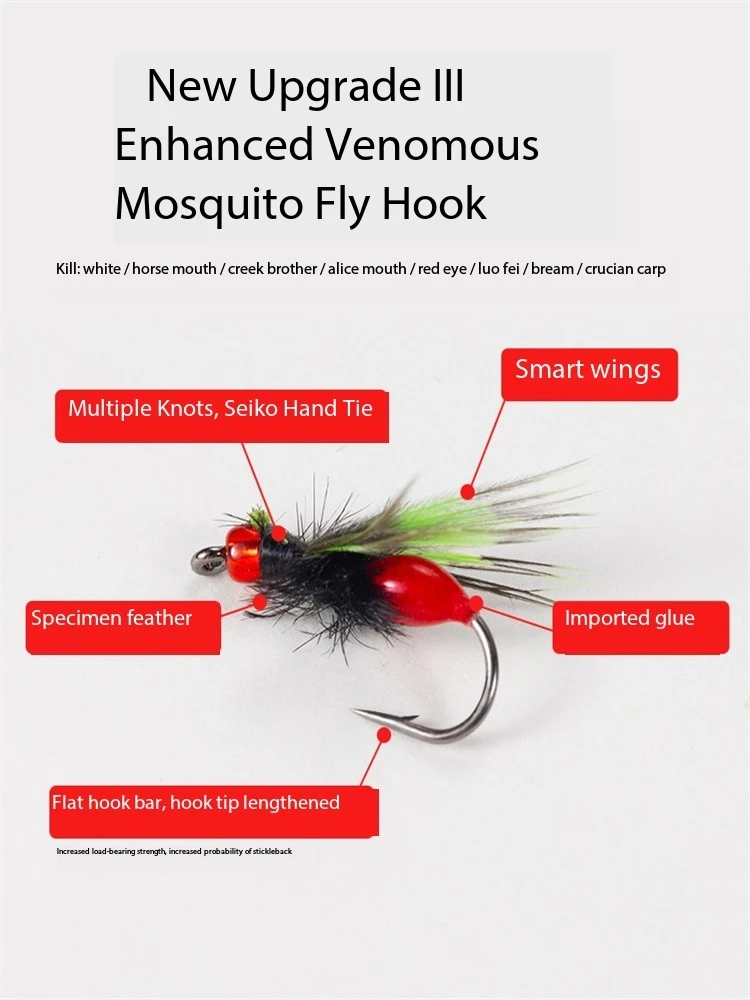 Poison Mosquito Fly Hook Set, Night Light Poison Fly Microobject Biomimetic Fake Bait, White Striped Horse Mouth Hair Melon Seed