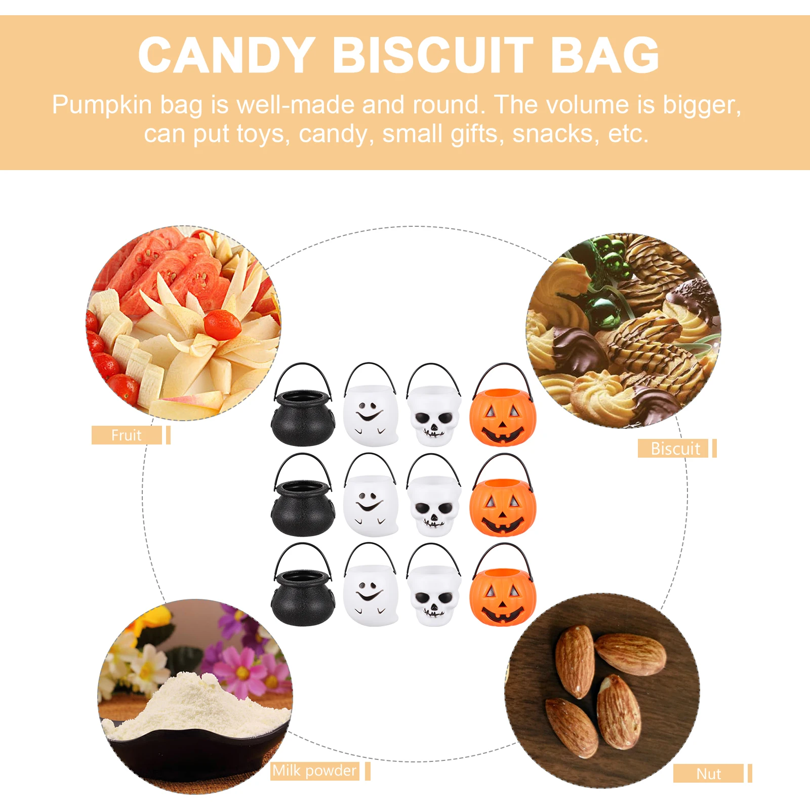 

12 Pcs Halloween Bucket for Party Round Pumpkin Basket Indoor Candy Jar Small Trick Treat Bowl Spooky Porch