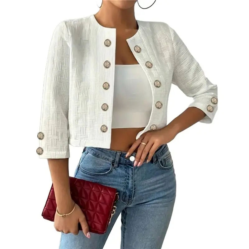 A19Q-Women 3/4 Sleeve Elegant Round Neck Open Front Cardigan Cropped Business Casual Jacket