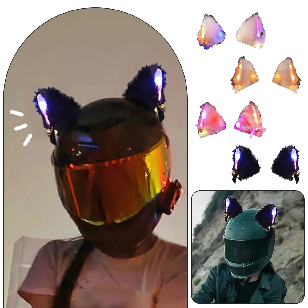 

2pcs Motorcycle Plush Motocross Helmet Decoration with Colorful LED Light Helmet Cat Ears Full Face Off Road Helmet Decor