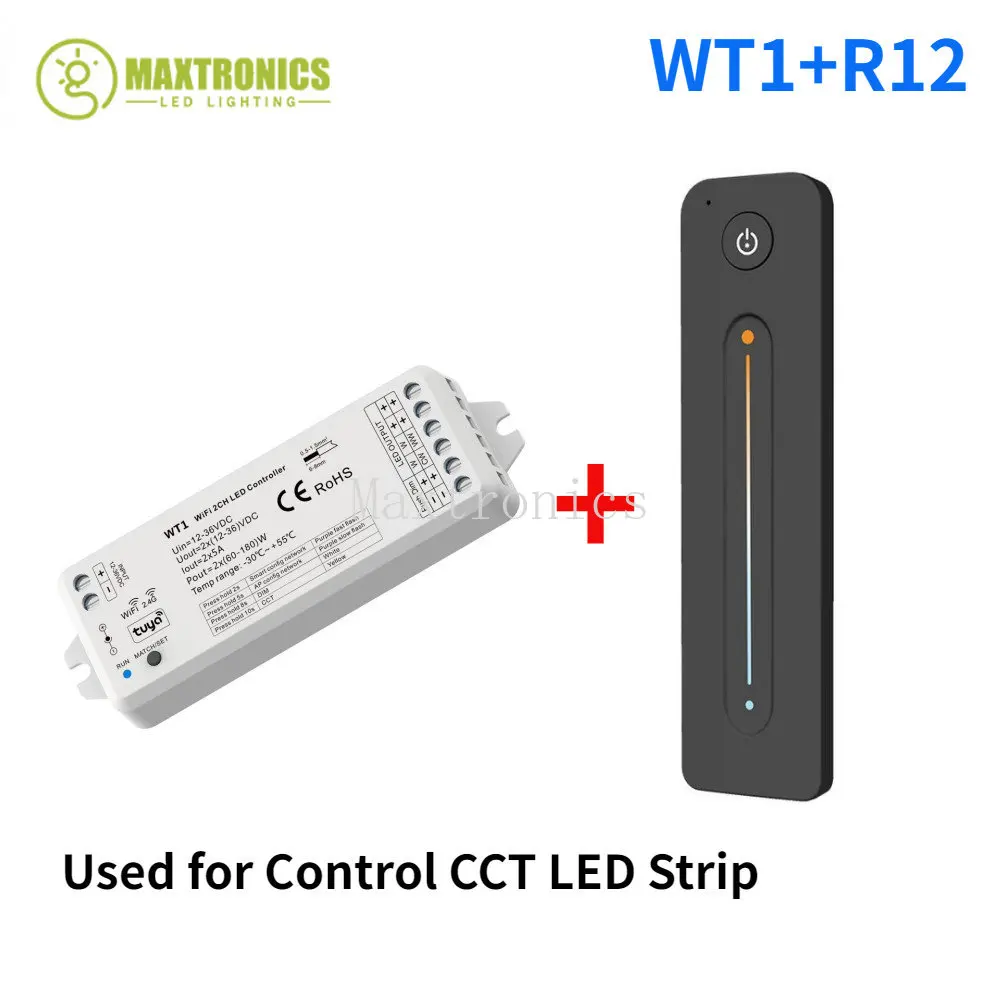 Tuya WT1 DC12V-36V WiFi LED Controller 2CH With Alexa Google Home Dimmer +2.4G RF Remote control For Single Color CCT LED Strip