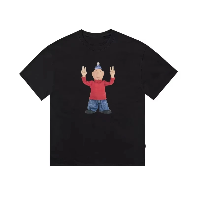 2026Cute Cartoon Puppet Character Graphic Tee,Peace Hand Sign Print Short Sleeve,Black Oversized Streetwear Tshirt for Men Women