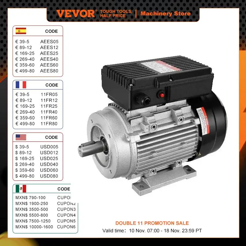 VEVOR 1.1KW Electric Motor AC Air Compressor Motor Single Phase 24 mm Keyed Shaft CW/CCW Rotation for Agricultural Machinery