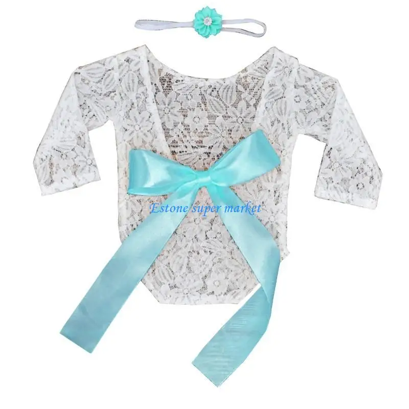 090B Baby Girls Lace Romper with Matching Flower Headband Photography Props Outfits