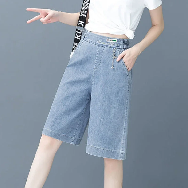 

Джинсы длиной до икры, женские летние тонкие широкие брюки для отдыха с высокой талией, стильная девичья однотонная универсальная уличная одежда, популярный Ulzzang Chic