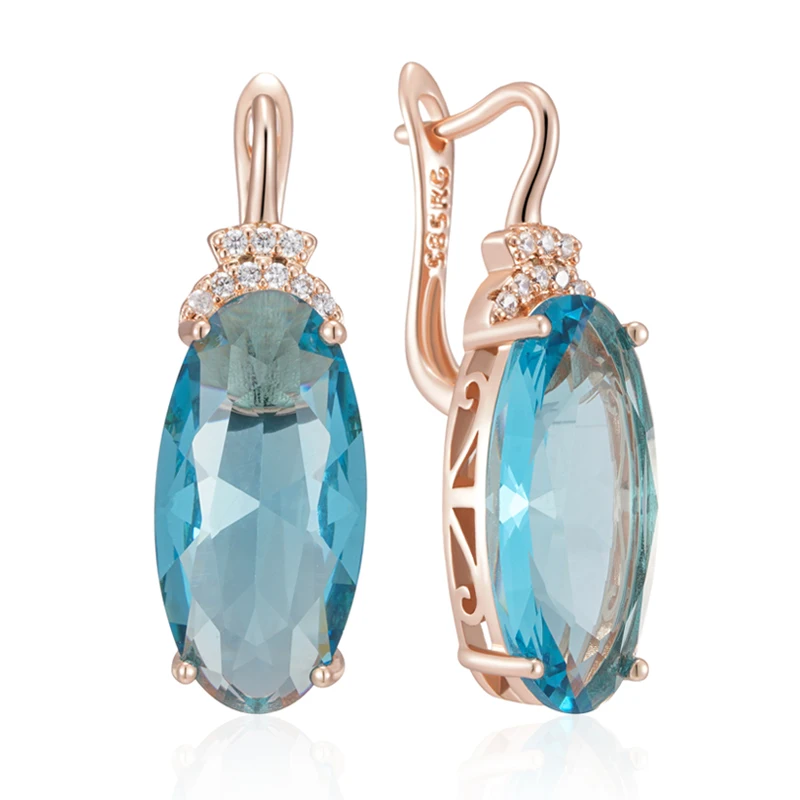 Wbmqda Transparent Oval Blue Stone Drop Earrings For Women 585 Rose Gold Color Special Wedding Jewelry Accessories