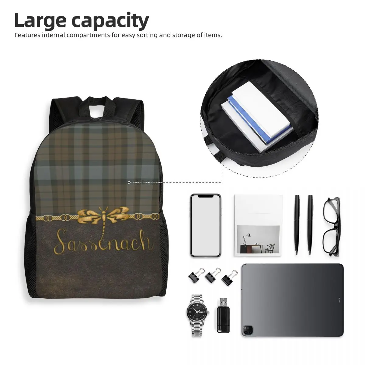 Leather And Tartan Sassenach Pattern Backpack for Men Women Waterproof College School Dragonfly Outlander Bag Printing Bookbag