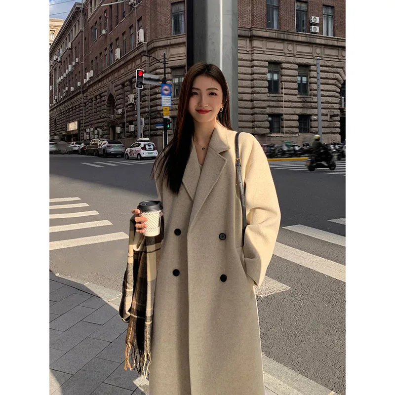 

Thickened woolen coat for women 2023 new Hepburn style high-end feeling over knee small woolen coat for women medium length