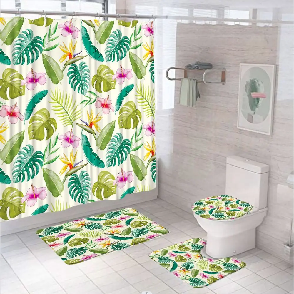 4Pcs Watercolor Tropical Leaves Flower Shower Curtain Set Jungle Plant Leaf with Non-Slip Rug Toilet Cover Bath Mat for Bathroom