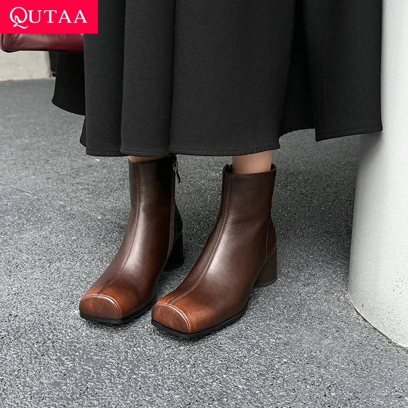 

QUTAA 2025 News Women Ankle Boots Sexy Chunky heel Square Toe Autumn Winter High Heels Black Genuine Leather Shoes Size 34-39