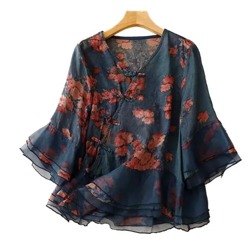 

Women's New Chinese Style Floral Print Linen Blouse Frog Button 3/4 Sleeve Top